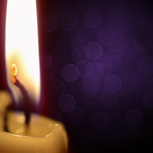 Advent 2019 Graphics. Image features a white Advent candle set against a dark purple background.