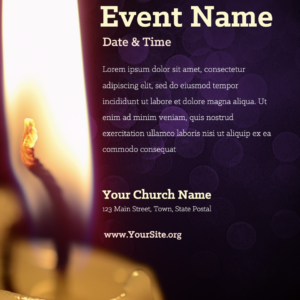 Advent 2019 Flyer. Poster template features white Advent candle on a dark purple background.