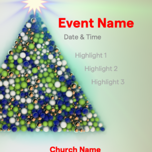 Christmas Tree Reveal Flyer. Poster template features ornaments that form a fun Christmas Tree.