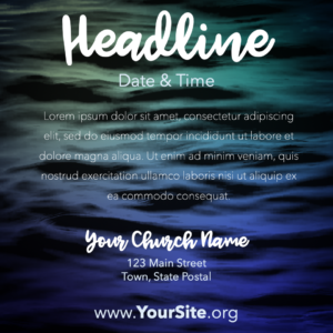 Baptism Waves Flyer. Poster template features ocean waves in blues, greens and purples.