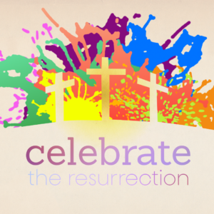 Easter Celebration Videos. Splashes of color behind three crosses.