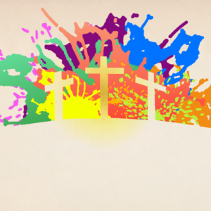 Easter Celebration PowerPoint. Image features splashes of color behind three crosses.