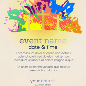 Easter Celebration Flyer. Poster template features splashes of color behind three crosses.