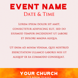 Pentecost Flames Flyer. Poster features the word Pentecost in flames welcomes everyone to worship.
