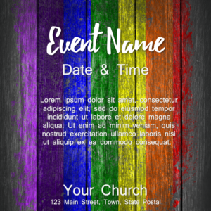 Rustic Pride Flyer. Rainbow flag celebrates LGBT Pride against a rustic wood background.