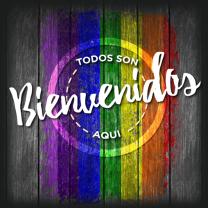 Rustic Pride Social Media. Rainbow flag celebrates LGBT Pride against a rustic wood background.