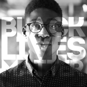 Black Lives Matter Social Media. Image shows a young black man looking at the camera with the words "Black Lives Matter."