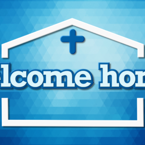 Welcome Home Videos. "Welcome home" messages set against a blue mosaic background.