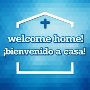 Welcome Home Social Media. "Welcome home" messages set against a blue mosaic background.