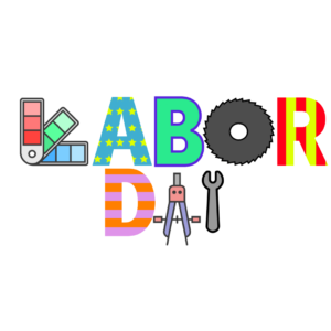 Labor Day Graphics. Tools and letters spell out "Labor Day" against a blue striped background.