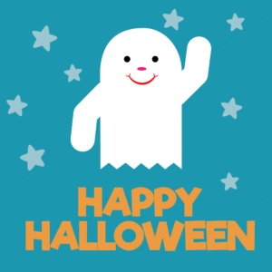 Halloween Ghost Social Media. Friendly ghost waves to greet everyone against a blue sky background.