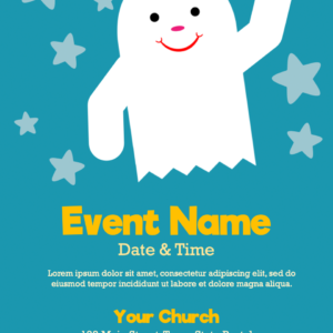 Halloween Ghost Flyer. Friendly ghost waves to greet everyone against a blue sky background.