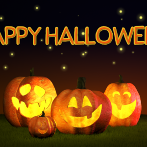 Halloween Pumpkins Videos. Group of four friendly jack-o-lanterns against a dark October night sky.