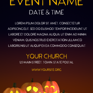 Halloween Pumpkins Flyer. Group of four friendly jack-o-lanterns against a dark October night sky.