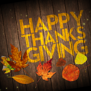 Thanksgiving Worship Social Media. Image shows falling leaves on a weathered wooden deck.