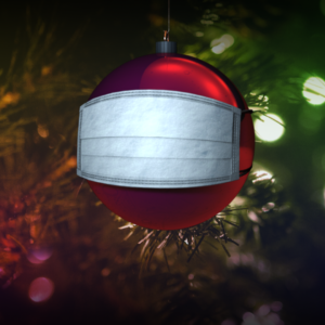 Masked Ornament Graphics. Image features a Christmas ornament wearing a face mask.
