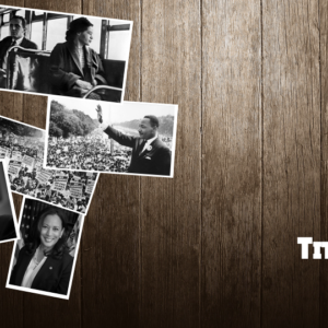 Civil Rights Leaders PowerPoint. Slide features images of civil rights leaders set against a wood background.