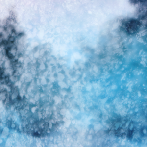 Winter Joy Graphics. Frost on a glass windows blurs the view of the forest in the background.