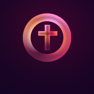 Yet Even Now Graphics. Image features a luminescent cross and circle in purple, pinks and oranges.