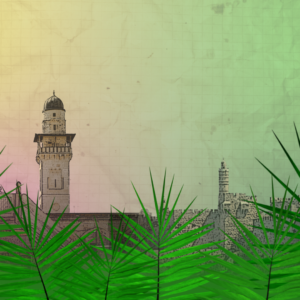 Palm Sunday 3 Graphics. Palm fronds wave across the screen outside the city of Jerusalem.