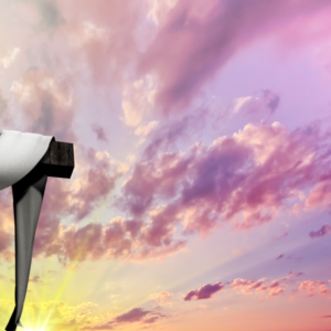 Easter Sunday Welcome Graphics. A white cloth draped over the cross set against a majestic purple sky.