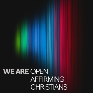 Affirming Church Welcome Social Media. Streaks of light in a rainbow of colors against a dark background.