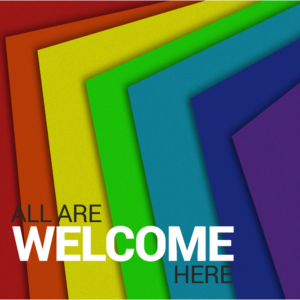 Affirming Church Greeting Social Media. Bright rainbow blocks of color welcome everyone.