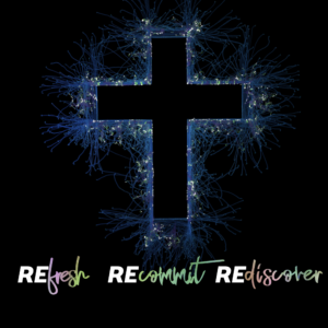 Rediscover Church Social Media. Image of a cross bursting with particles. A sign of renewal.