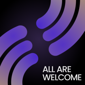 Joyful Welcome Social Media. Curved lines filled with purple and orange gradients against a dark background.