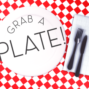 Church Dinner Videos. A red and white checkered tablecloth with a plate and napkin ready for a meal.