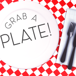 Church Dinner Social Media. A red and white checkered tablecloth with a plate and napkin ready for a meal.