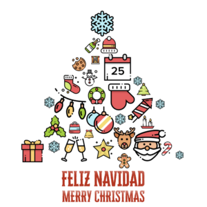 Christmas Icons Social Media. Christmas images gather together and form the shape of a Christmas Tree.