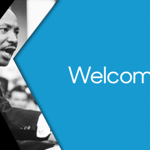 MLK Day Videos. Images of Dr. King set against a vibrant blue background.