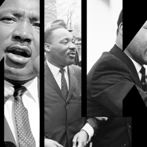 MLK Day Graphics. Images of Dr. King set against a vibrant blue background.