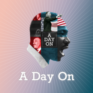 MLK Day On Social Media. Silhouette of Dr. King is formed from a collage of images of him.
