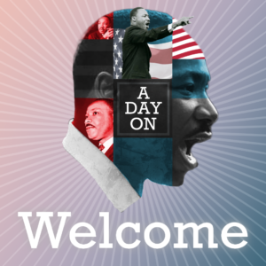 MLK Day On Videos. Silhouette of Dr. King is formed from a collage of images of him.