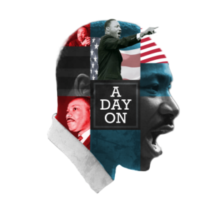 MLK Day On Graphics. Silhouette of Dr. King is formed from a collage of images of him.
