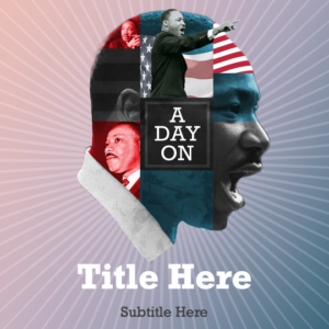 MLK Day On PowerPoint. Silhouette of Dr. King is formed from a collage of images of him.