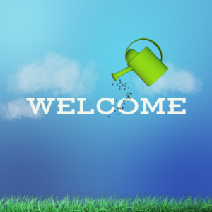 April Showers Social Media. A green watering can sprinkles water on a lush green lawn.