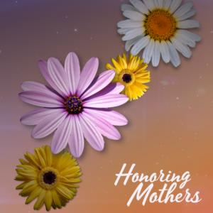 Mothers Day Flowers Social Media. Bright daisies celebrate moms against a purple/orange gradient background.