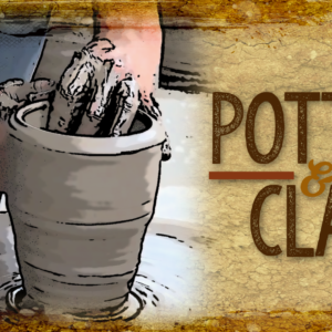 Potter and Clay illustration showing hands shaping clay in a vessel against weathered golden background, worship background for church slides for progressive churches