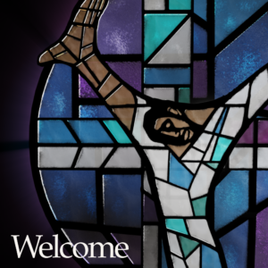 Stained Glass Social Media. A stained glass portrayal of Christ on the cross forms from individual pieces.
