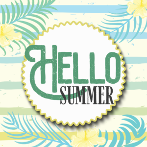 Hello Summer Social Media. Lush green plants and sunny colors welcome everyone.