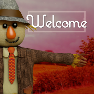 Scarecrow Social Media. A friendly scarecrow sitting in a colorful autumn field welcomes you.