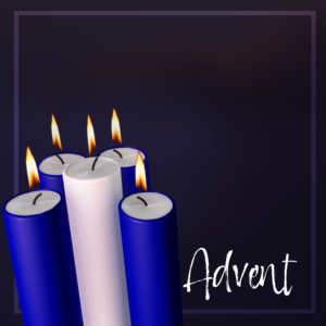 Advent Blue candles with five lit flames, four blue candles surrounding one white Christ candle against dark background, church social media graphic for progressive churches