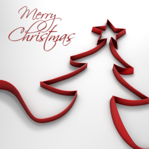 Christmas Ribbon Social Media. Red ribbon forms the shape of a Christmas tree.