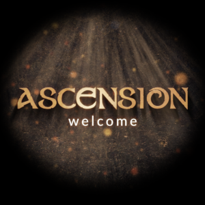 Ascension Sunday Worship Social Media. The word "Ascension" in a dark cave-like environment with streams of sunlight from above.