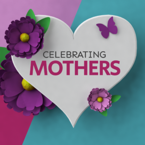 Mothers Day Celebration Videos. A white heart surrounded by purple and pink flowers.