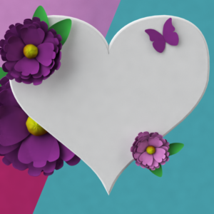 Mothers Day Celebration Graphics. A white heart surrounded by purple and pink flowers.