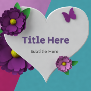 Mothers Day Celebration PowerPoint. A white heart surrounded by purple and pink flowers.
